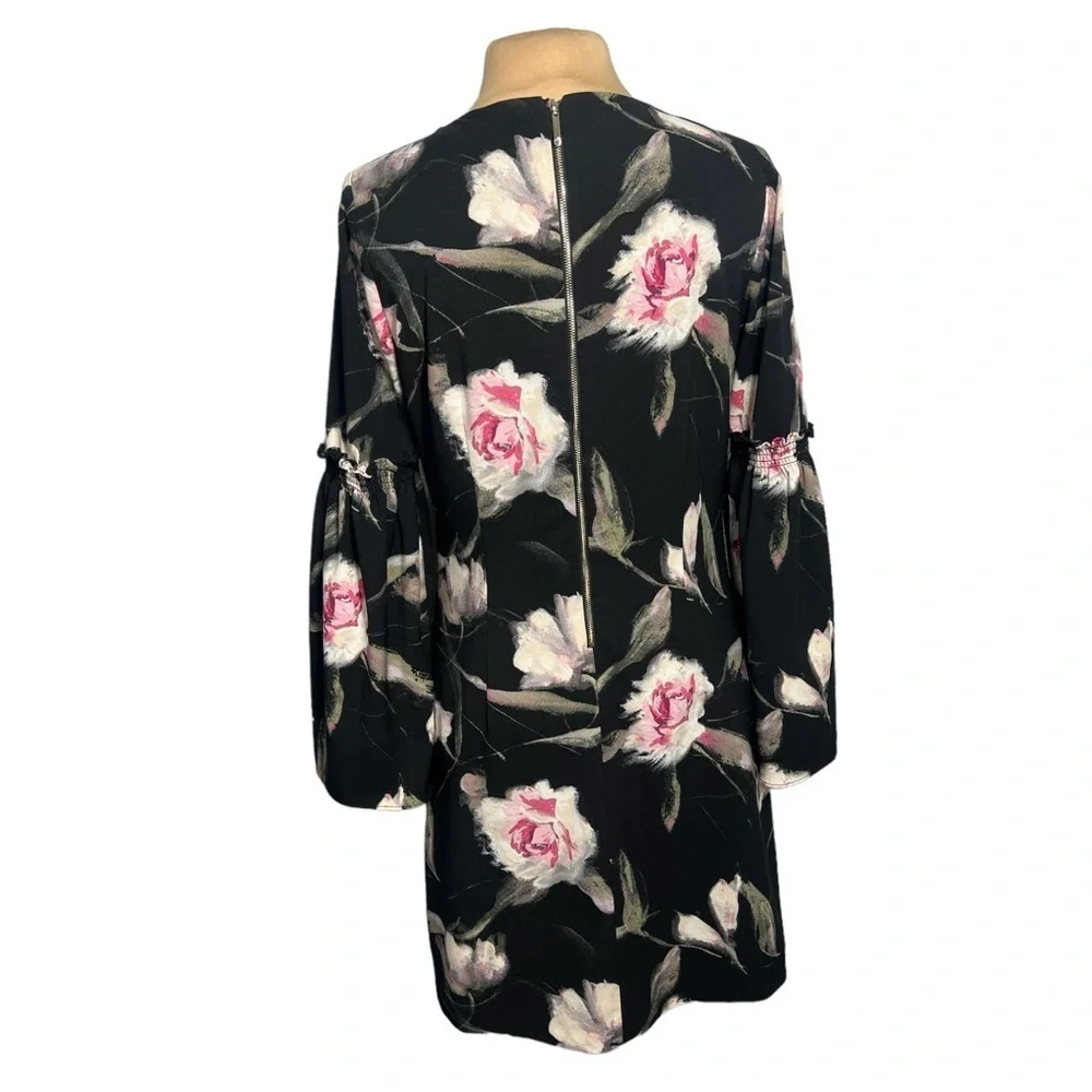 White House Black Market black pink floral bell sleeve shift dress size 8 - Picture 5 of 9
